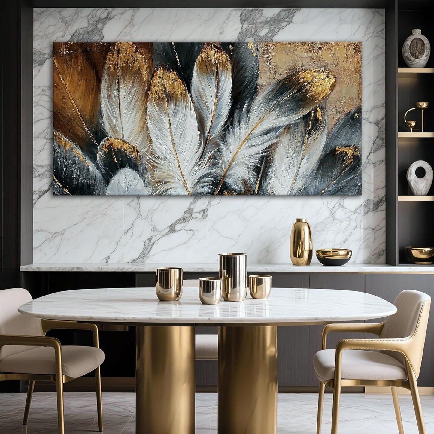 Feather Canvas Wall Art Modern Living Room Bedroom Wall Decoration Large Giclee Print Canvas Painting Artwork for Home Decor One Piece White Gold Brown Feather Picture Ready to Hang 58x29 Size