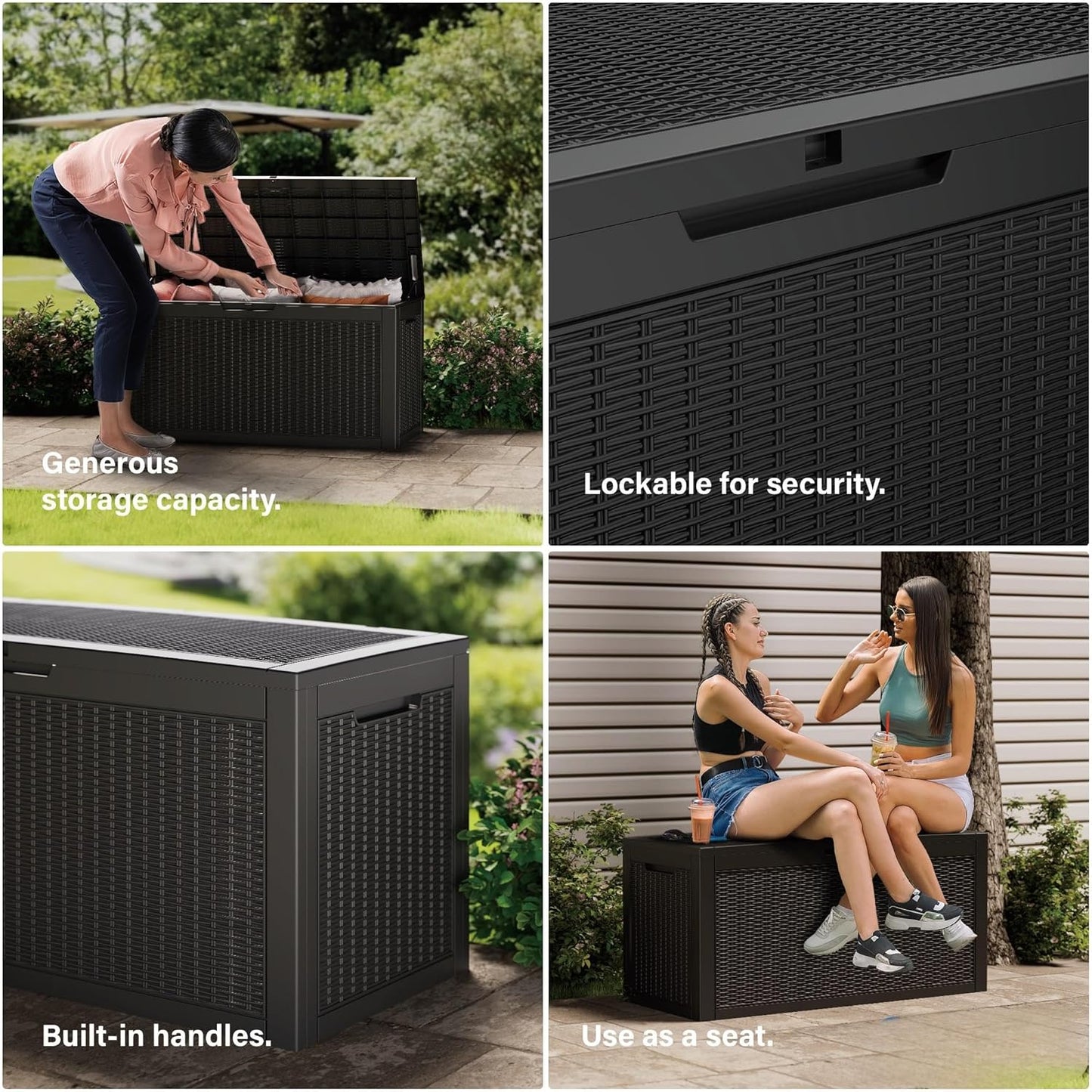 100 Gallon Outdoor Storage Box Waterproof Lockable Resin Deck Box Large, Patio Storage Bin for Pool Accessories Cushion Furniture, Garden Tools, UV-Resistant Outside Delivery Black
