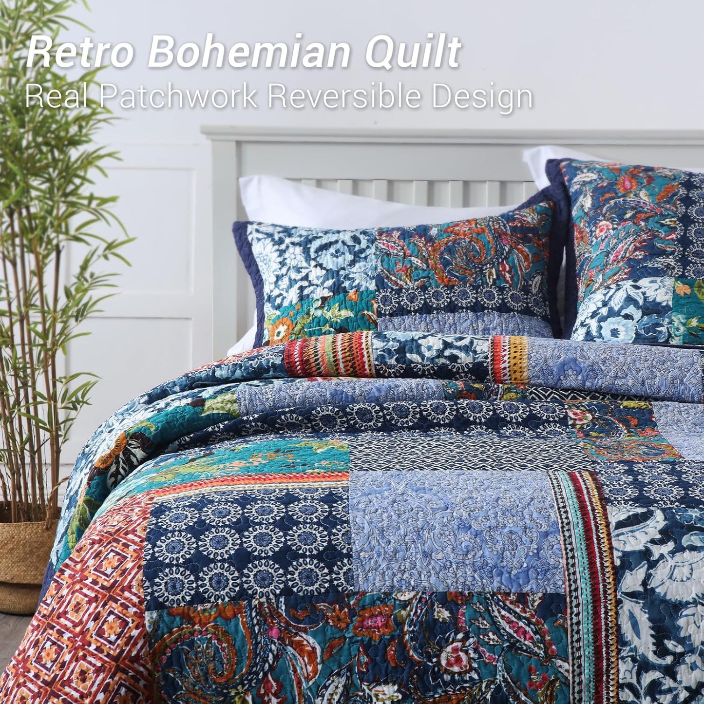 Yvooxny California King Quilt Set Reversible Lightweight Bohemian Paisley Patchwork Cotton Quilted Bedspread Coverlet Set 3-Piece Quilt Set with Pillowcases for All Seasons, 118 x 110 Inches