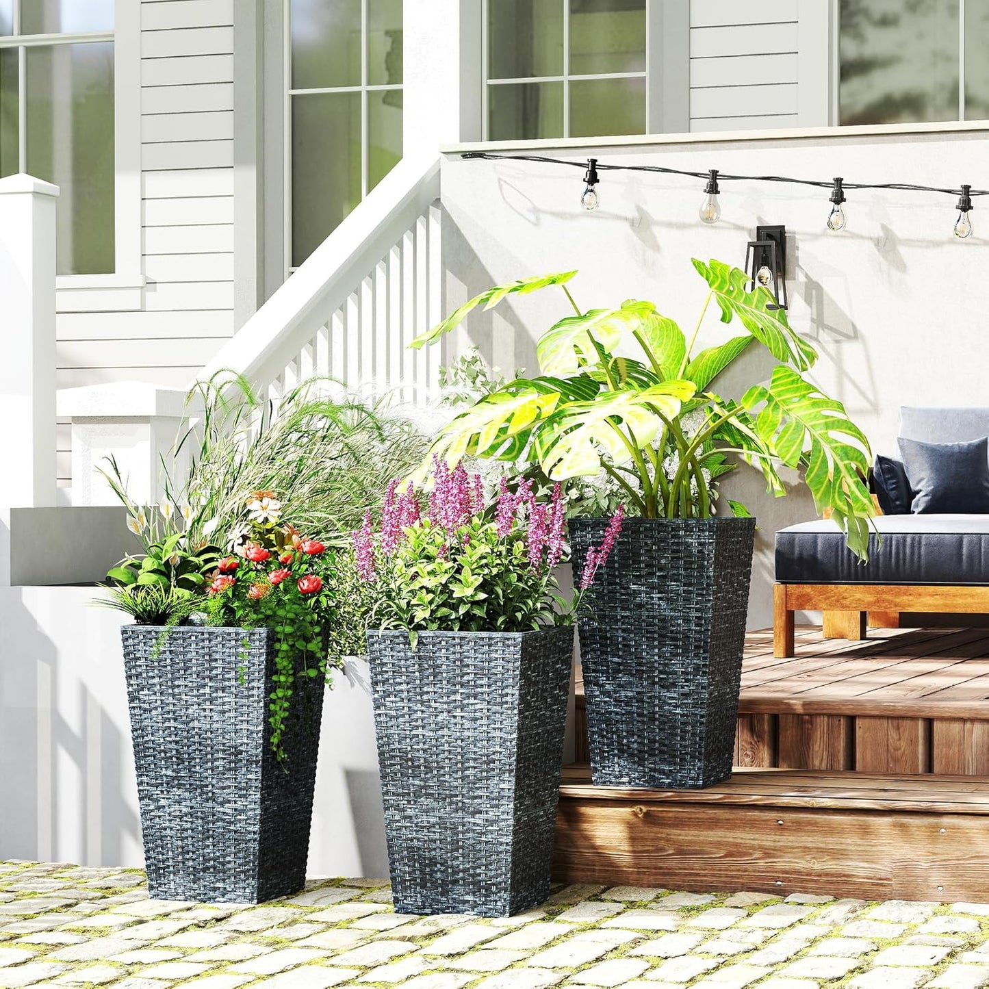 Outsunny Tall Planters for Outdoor Plants Set of 3, 24 in Taper Planters with Drainage Holes, Rattan Decor Plant Pots for Indoor Outdoor Front Porch Patio Backyard, Gray