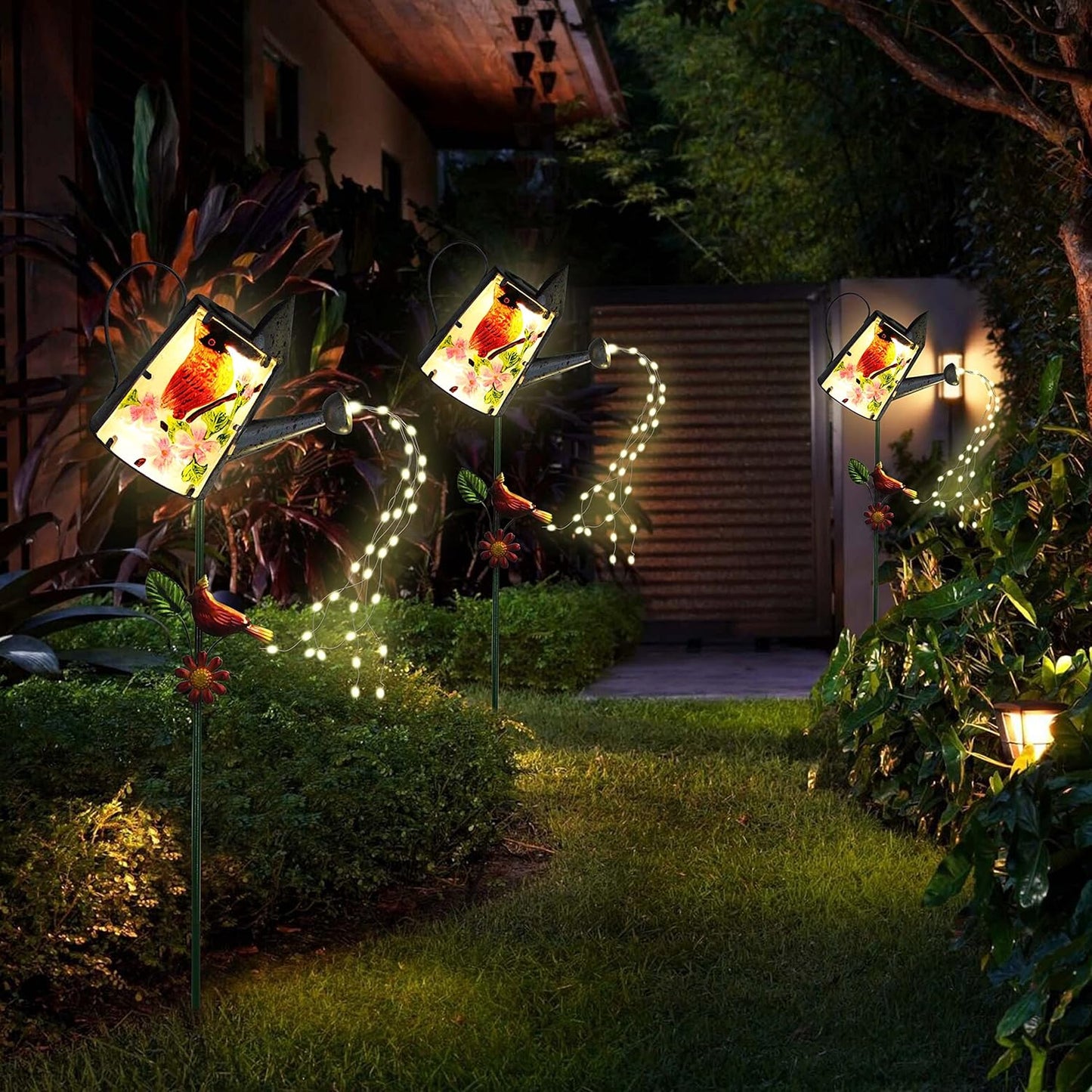 Garden Solar Lights Outdoor, Metal Watering Can Garden Stake Lights Cardinal Bird Decor Glass Art for Walkway, Pathway, Yard, Lawn