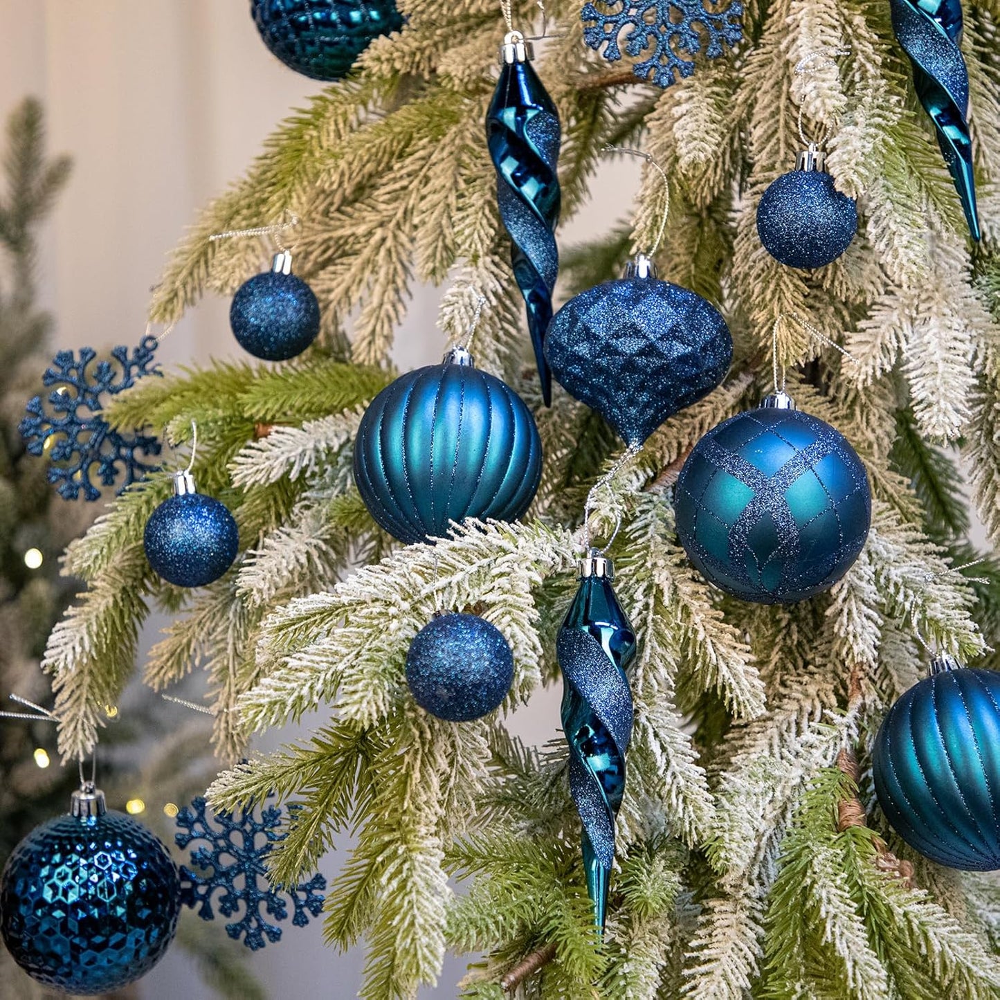 50PCS Christmas Tree Ornaments Set with Shatterproof Balls Icicle Snowflake Hanging Ornaments for Home Office Farmhouse Christmas Decorations, Dark Blue