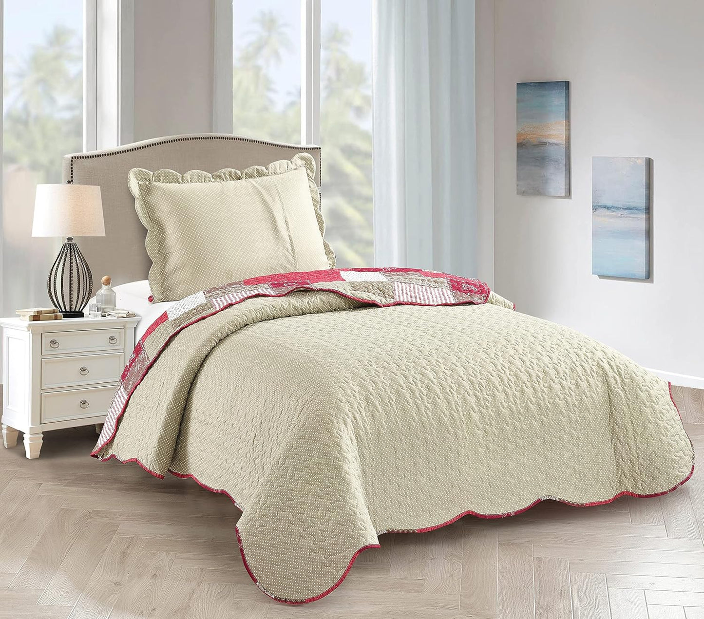 Brilliant Sunshine Burgundy Heart Love, Floral and Lace Patchwork, 2-Piece Quilt Set with 1 Sham, Reversible Bedspread, Soft Lightweight Coverlet, All-Season, Twin, Burgundy