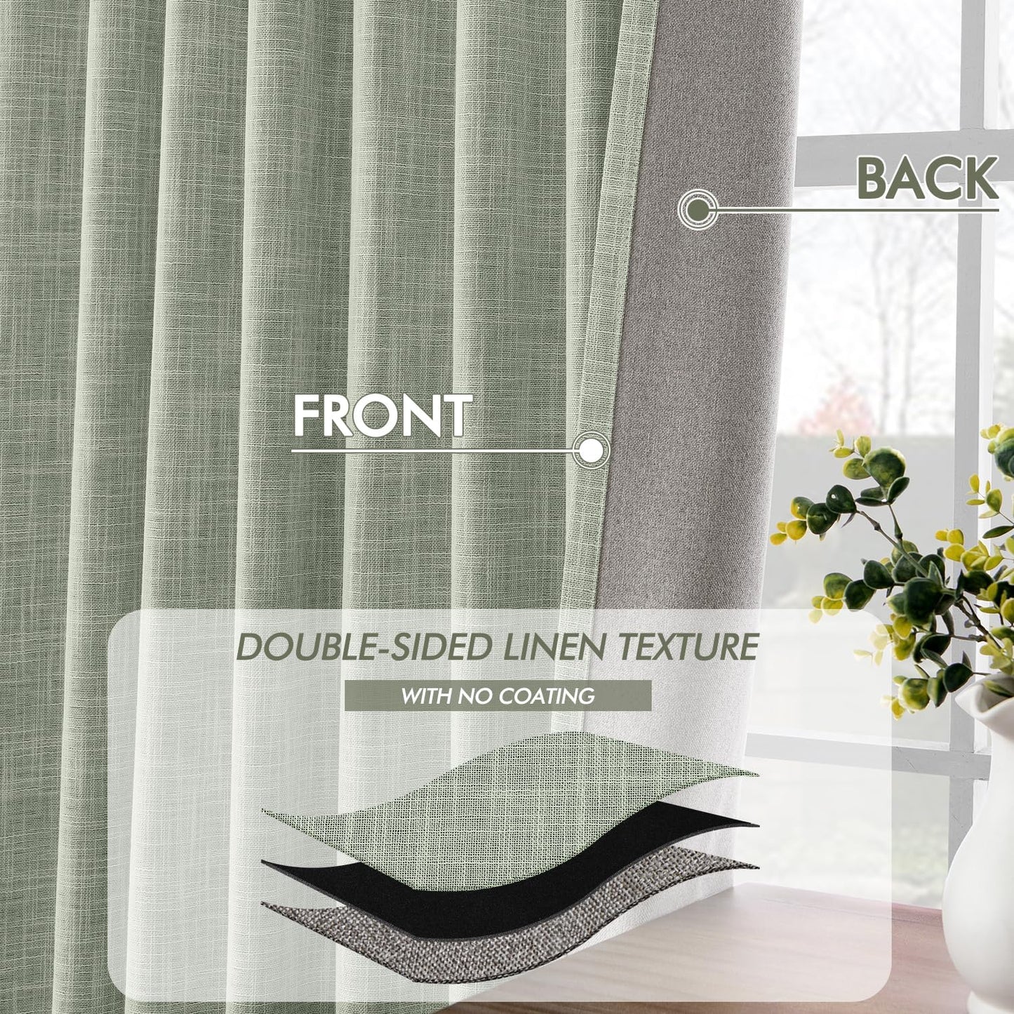 MIULEE Sage Green 100% Blackout Linen Curtains 102 Inch 2 Panels Set Double Sided No Coating Pinch Pleated Back Tab Floor to Ceiling Black Out Thermal Insulated Bedroom Living Room Darkening Drapes