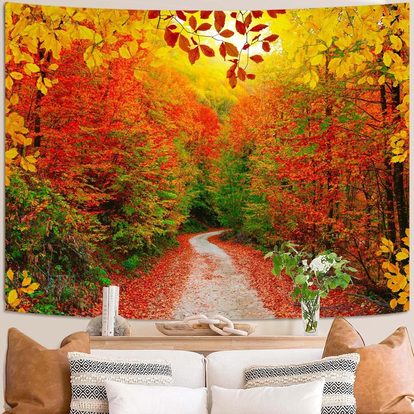 AMM Autumn Forest Tapestry Nature Fall Tree Thanksgiving Tapestry for Bedroom Aesthetic Autumn Path Yellow Red Fallen Leaves Landscape Tapestries Wall Hanging for Living Room Dorm 80 x 60 Inch