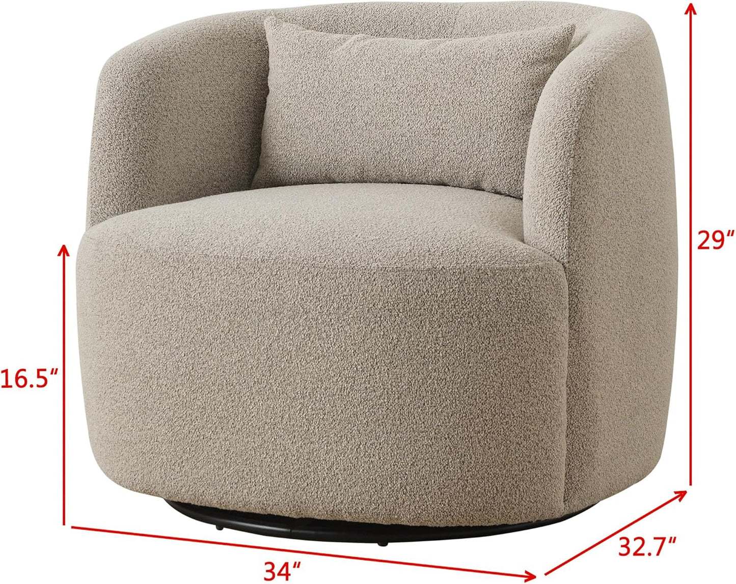 KINWELL 34" Wide Sherpa Swivel Barrel Chairs Set of 2, No Assembly Round Boucle Upholstered Accent Chairs Armchairs Single Sofa Chair with Toss Pillow for Living Room and Bedroom, Taupe