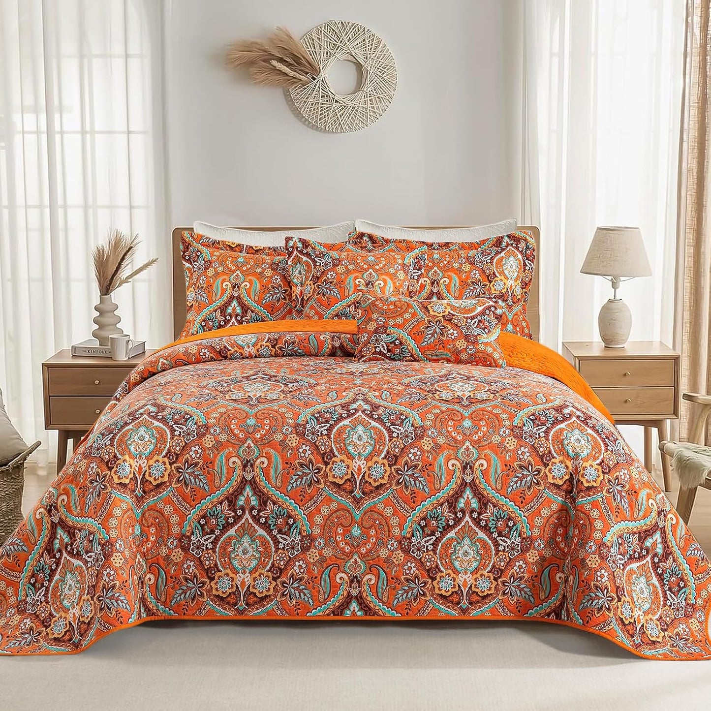 VAPUTAR Cotton Quilt King Size, King Size Quilt Bedding Set with Bohemian Damask Pattern-3Pieces Lightweight Reversible Soft Bedspread Coverlet (98 * 106 in) Suitable for All Season （Light Orange）