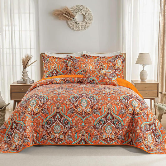 VAPUTAR Cotton Quilts Queen Size, Queen Quilt Bedding Set with Bohemian Damask Pattern-3 Pieces Lightweight Soft Bedspread Queen Size Coverlet (90 * 98 in) Suitable for All Season (Light Orange)