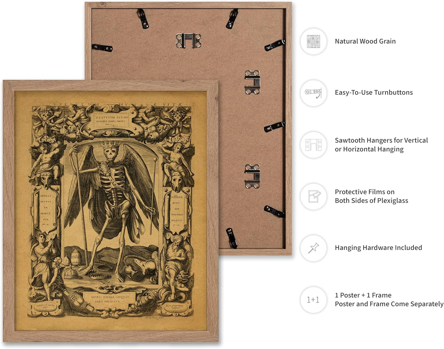 Poster Master Vintage Medieval Poster - Retro Gothic Print - Gift for Artist, Friend - Angel of Death, Memento Mori, Life, Skeleton, Dark - Wall Decor for Home, Living Room, 8x10 Beige Framed