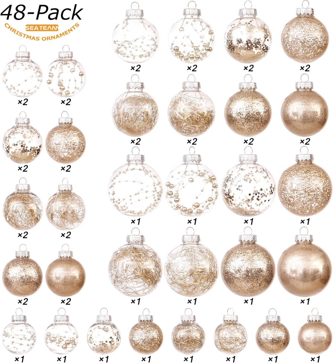 Sea Team Multi-Size Shatterproof Clear Plastic Christmas Tree Ball Ornaments Set, Decorative Hanging Transparent Xmas Baubles with Stuffed Delicate Decorations (48 Counts, Champagne)