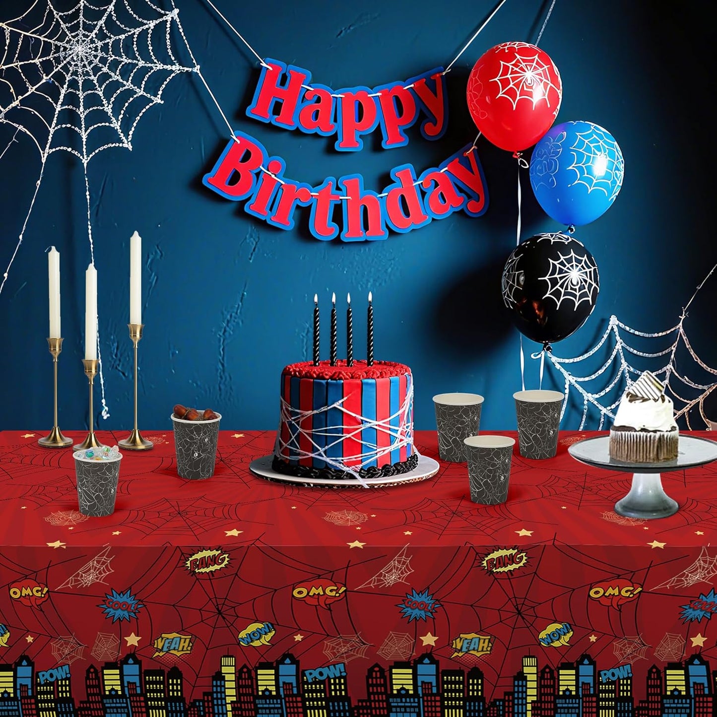 ATFUNSHOP Spider Superhero Disposable Tablecloth - Birthday Decorations Supplies with Spider Web Design, Happy Birthday Table Cover for Kids Boys Man Party Decor, Decoración de Cumpleaños