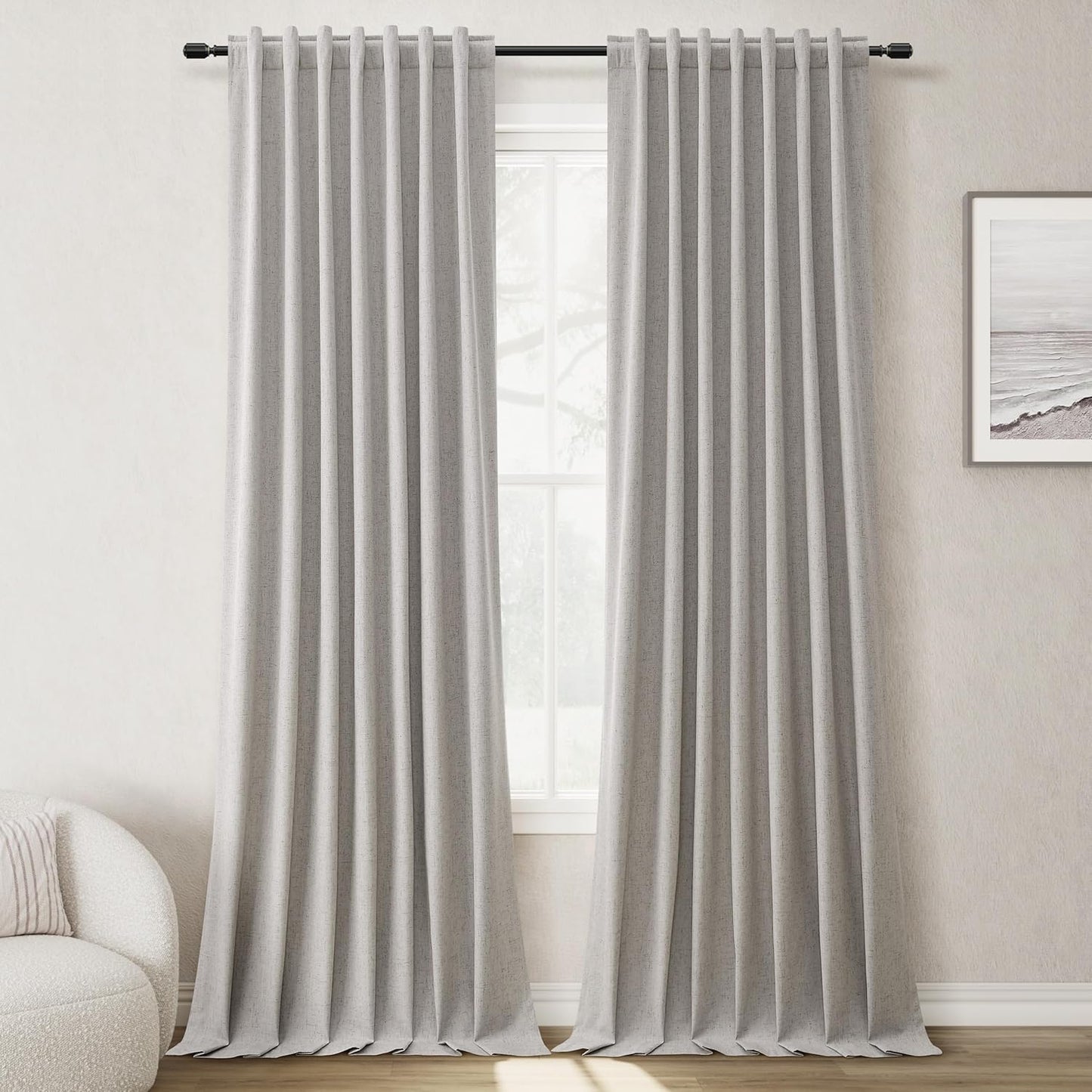 BOODII Silver Gray Linen Blackout Curtains for Bedroom 84 Inch Length 2 Panels Set Room Darkening Curtains Black Out Curtain Neutral Thermal Insulated Living Room Nursery Drapes Back Tab 52x84