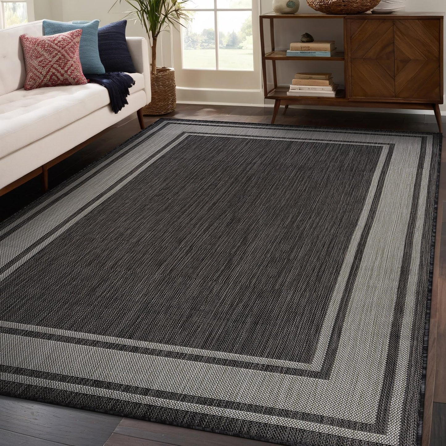 Beverly Rug Large Outdoor Rug 9x12 Modern Bordered Area Rugs for Indoor and Outdoor Patio Deck Porch Garden Waterproof Weather Sun Resistant Washable Outside Carpet (9 x 12 Dark Gray)