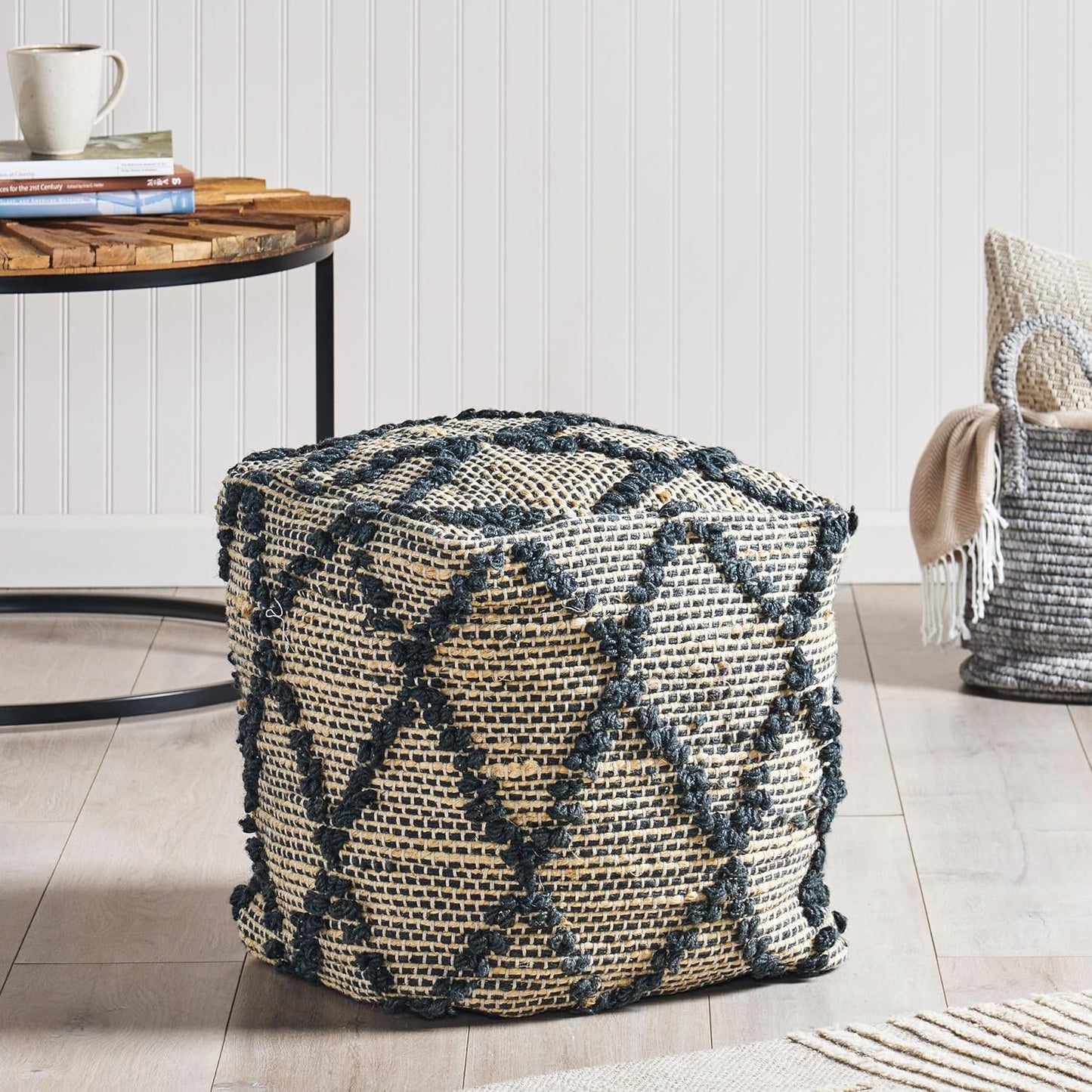 GDFStudio Boho Handmade Fabric Cube Pouf Ottoman Foot Stool - Bean Bag Floor Chair - Foot Rest Couch for Living Room Bedroom,Charcoal,16"" x 16"" x 16"", Cimarro,charcoal, 313838N