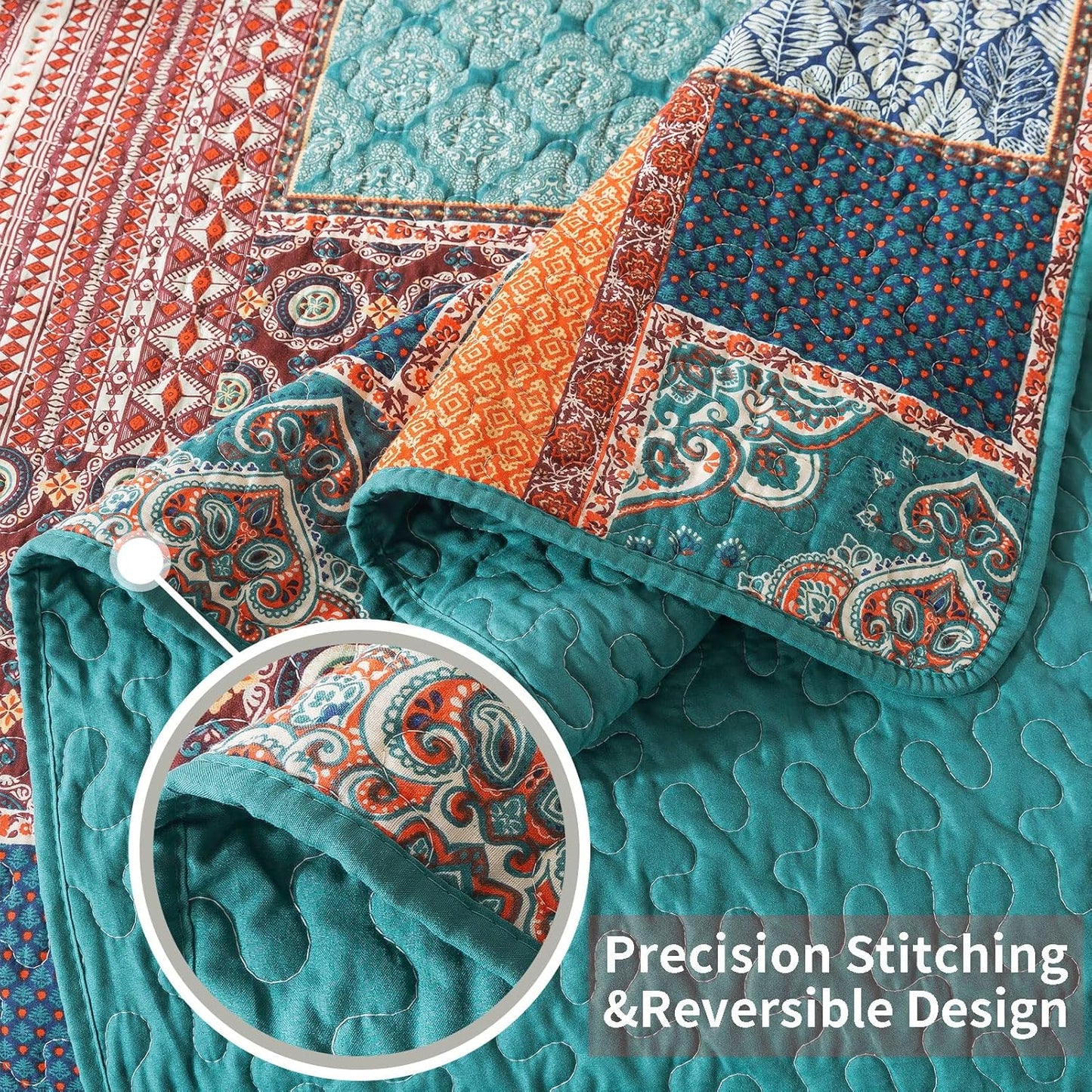 VAPUTAR Cotton Quilt Queen Size Bedding Set - 3 Pieces, Boho Queen Size Quilts, Lightweight Reversible Coverlets Bedspreads for Farmhouse Bedroom