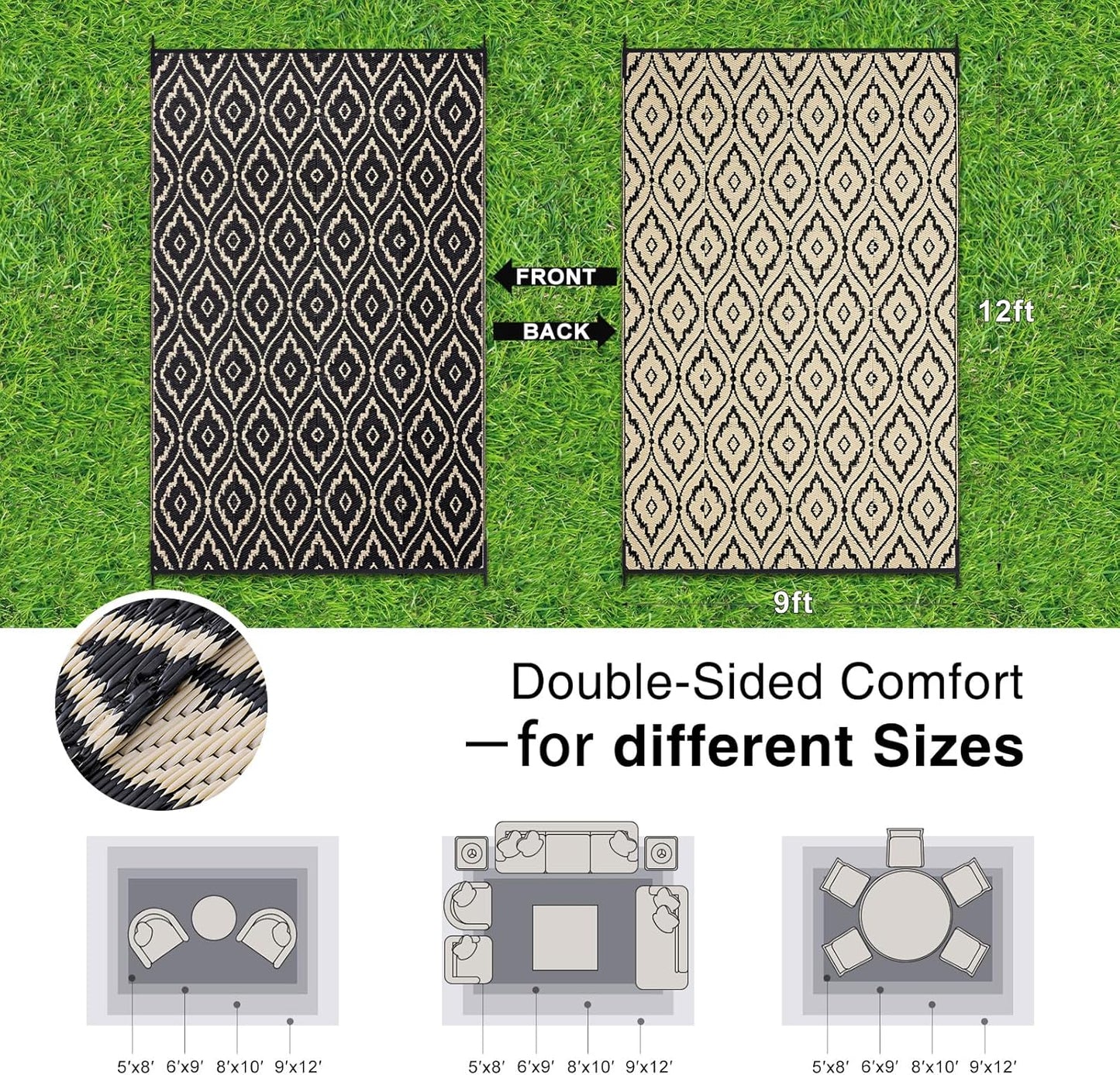 OLANLY Outdoor Rug 9x12 ft Waterproof, Outdoor Plastic Straw Rug with Geometric Pattern Clearance, Reversible RV Mat for Patio, Camping, Balcony, Deck, Backyard, Black & Beige