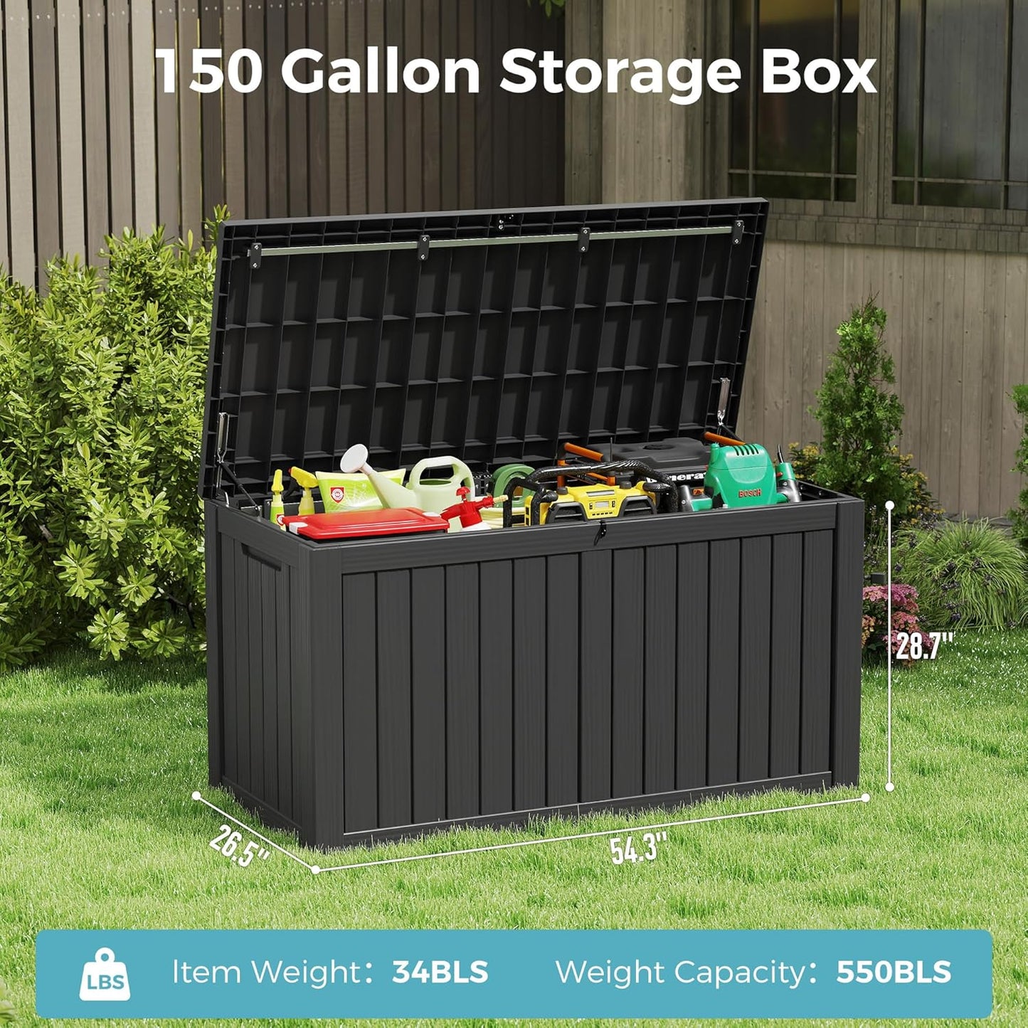 KAMABOKO Outdoor Storage Box, 150 Gallon Large Outdoor Resin Deck Box, Storage Waterproof Boxes Lockable Lid for Garden Tools, Pool Supplies, Patio Furniture and Cushions, Black