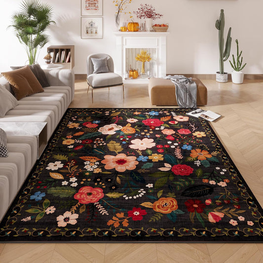 Living Room Rug 6x9 Rug Machine Washable Boho Area Rug Non Slip Floral Vintage Low Pile Large Rug for Living Room, Bedroom, Farmhouse, Dining Room, Kids Playroom(Black)