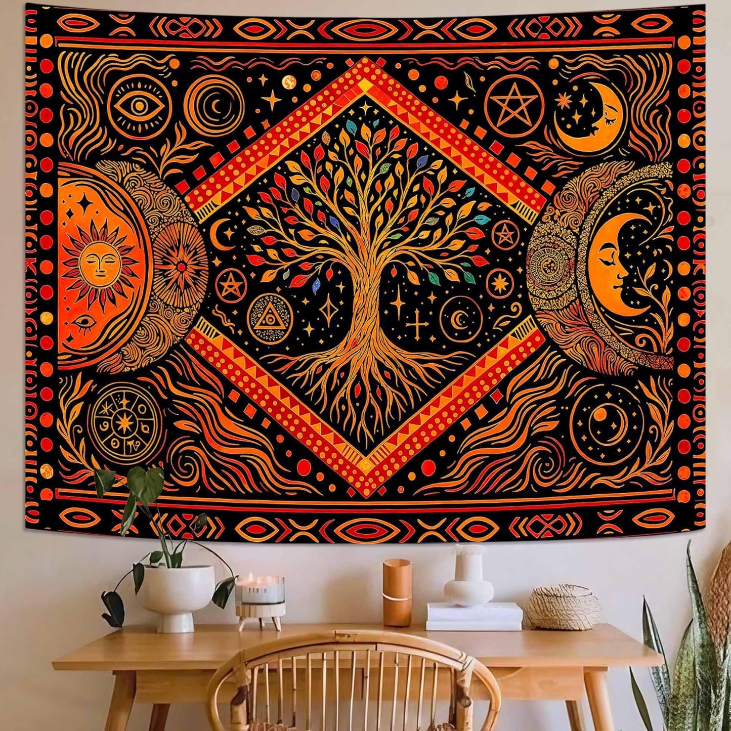 Lunerfex Tree of Life Sun Moon Stars Wall Tapestry, Cosmic Harmony Symbol Tapestries for Home Decor, Mystical Tapestry 90x70 Inch