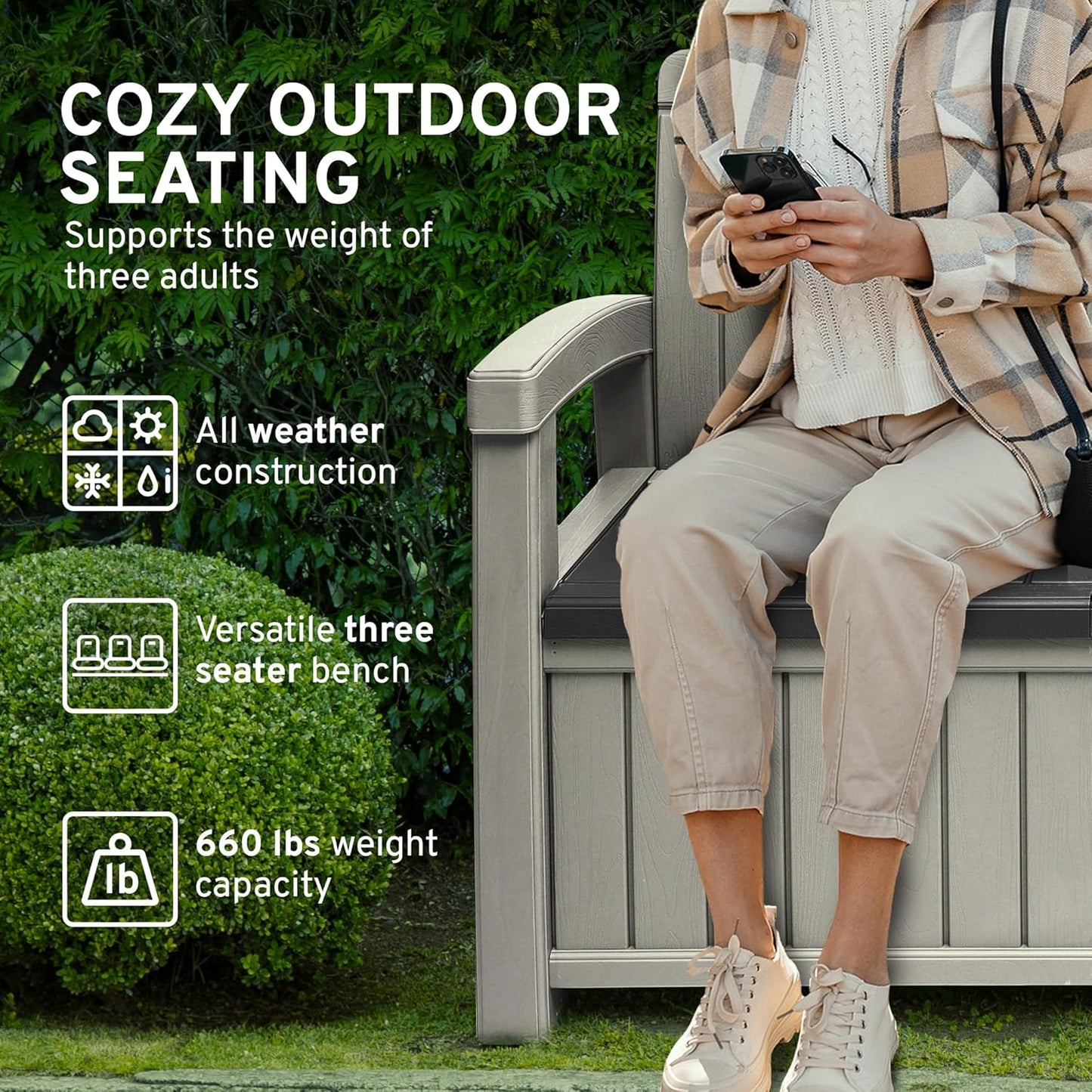 EconoHome 3 Seat Outdoor Storage Bench with Rain Cover - 90 Gallon Capacity - Weatherproof Resin Bench for Patio, Porch, Garden, Yard, Pool Area - Furniture for Pool Accessories, Gardening Tools