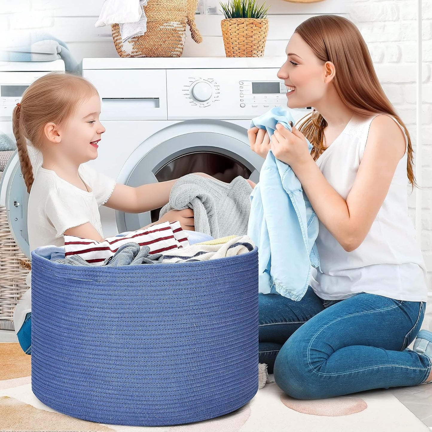 Ravinte Blanket Basket - 20"x 20"x 13" Cotton Rope Basket for Living Room, Baby Toy Storage Basket, Large Woven Laundry Basket (Blue)