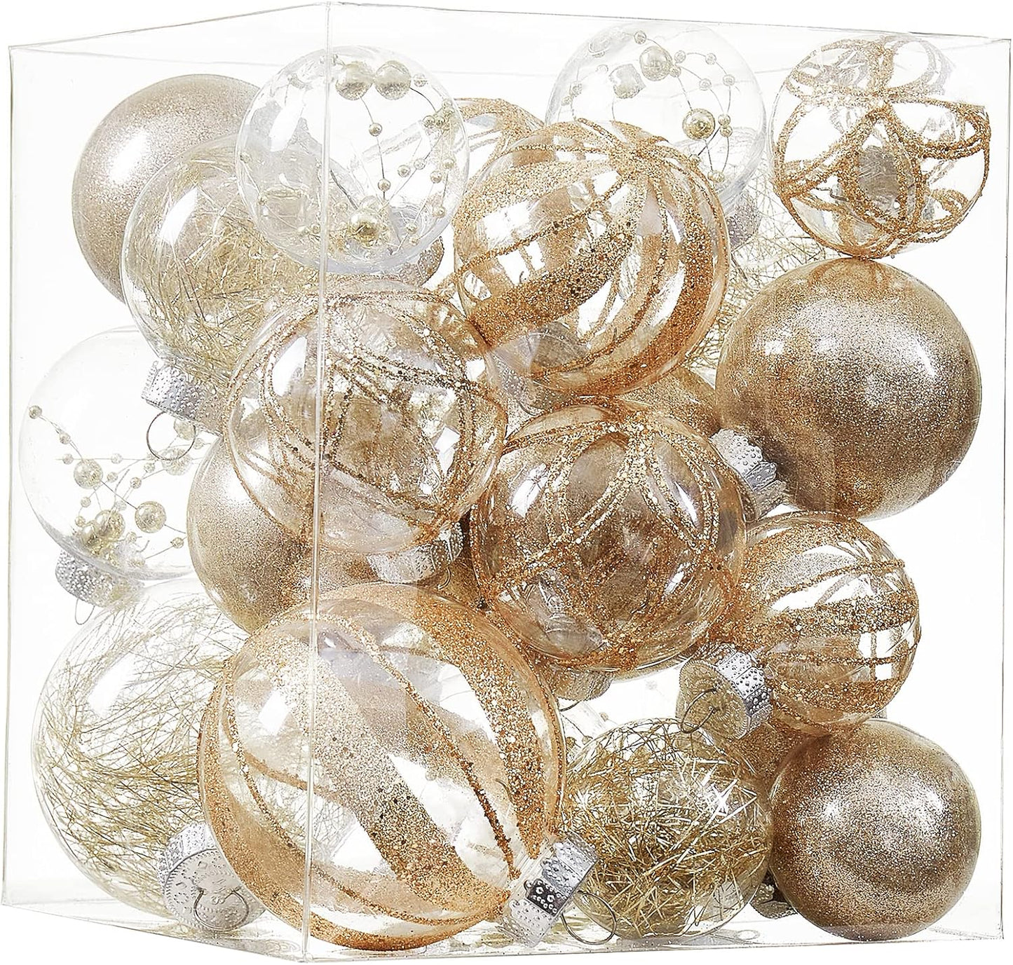 Clear Christmas Ball Ornaments,24ct Shatterproof Plastic Decorative Christmas Ornaments Hanging Xmas Tree Baubles Set with Stuffed Delicate Glittering Decorations for Holiday Party Decor (Champagne)
