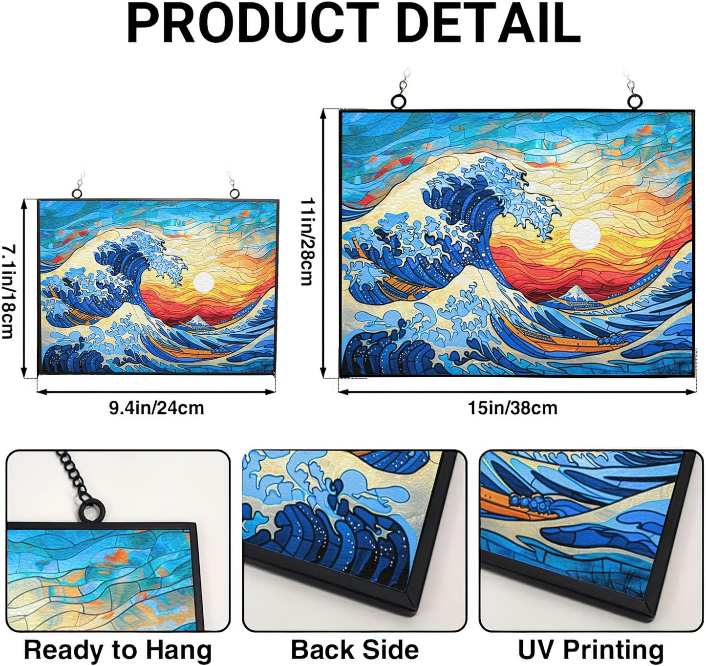 Rectangle Ocean Wave Stained Glass Suncatcher 4 Season Colorful Window Wall Ornament Hand-Painted Glass Panel Decor Gift for Women Christmas Thanksgiving Gift 15"x11"