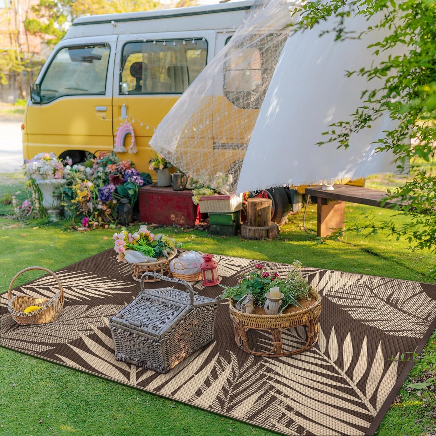 GENIMO Outdoor Rug 3' x 5' Waterproof for Patios Clearance, Reversible Outdoor Plastic Straw Camping Rug Carpet, Large Area Rugs Mats for RV, Camper, Deck, Balcony, Porch, Beach, Coffee&Beige