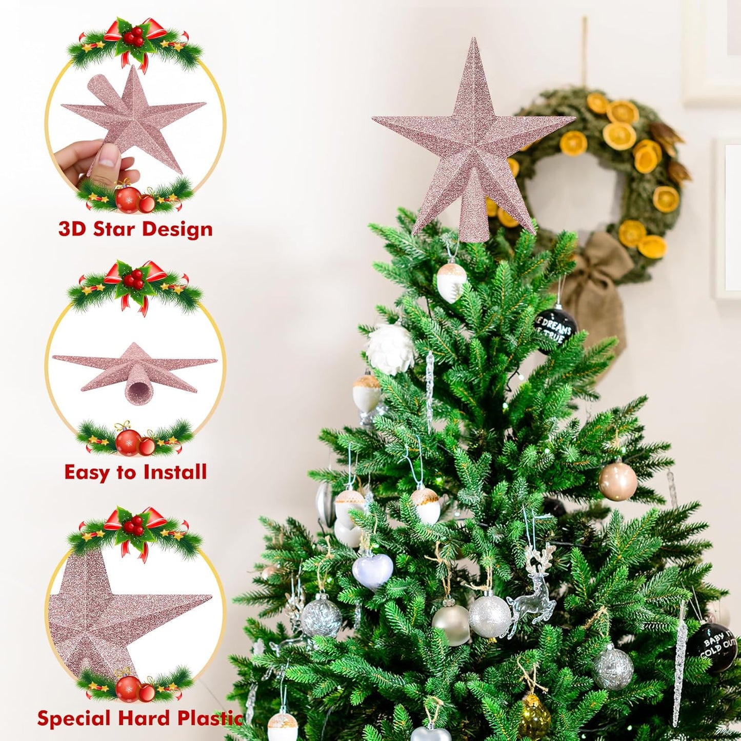 1PCS Tree Topper Star, 4" Rose Gold Christmas Tree Topper Decorations, 3D Glitter Mini Bethlehem Star Shatterproof Tree Decor, Waterproof Xmas Tree Topper for Holiday Home Indoor/Outdoor Ornament