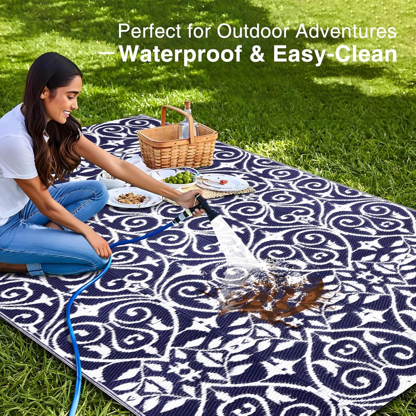 OLANLY Outdoor Rug Waterproof 5x8 ft Clearance, Reversible Outdoor Plastic Straw Rug with Floral Pattern, RV Mat for Patio, Camping, Balcony, Deck, Backyard, Navy & White