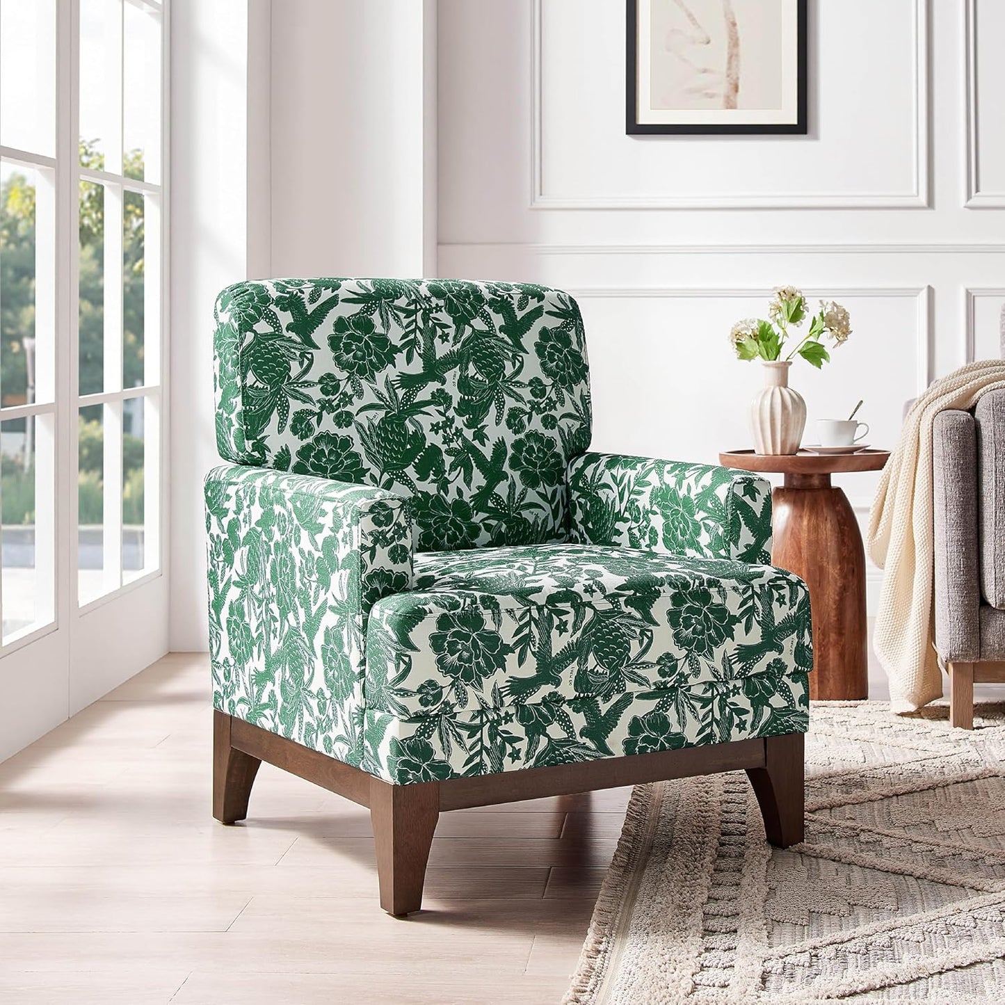 Floral Accent Armchair, Retro Wingback Upholstered Armchair with Wide Dipped Back Design and Wooden Legs, High Back Armchair, Leisure Single Sofa Chair for Living Room, Bedroom, Balcony, Green