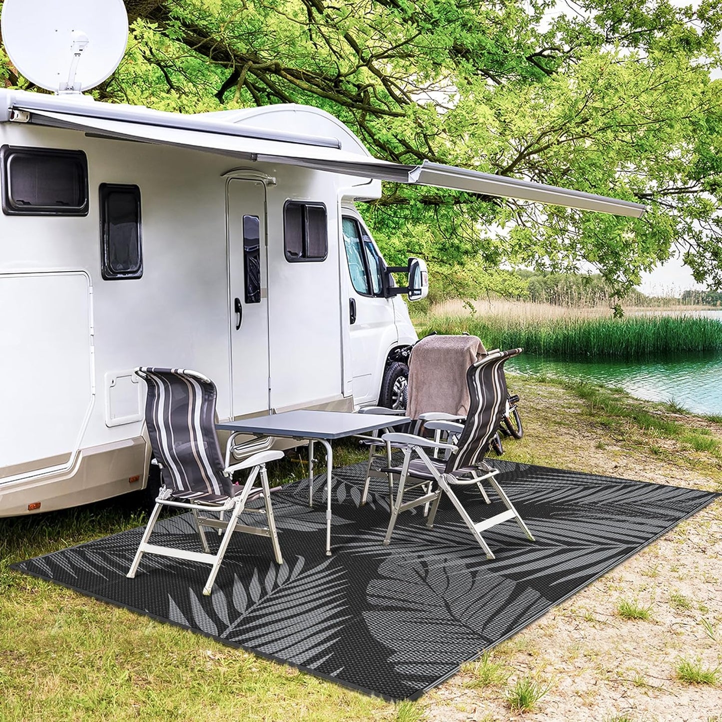 GENIMO Outdoor Rug 4' x 6' Waterproof for Patios Clearance, Reversible Outdoor Plastic Straw Camping Rug Carpet, Large Area Rugs Mats for RV, Camper, Deck, Balcony, Porch, Beach, Picnic, Black&Grey