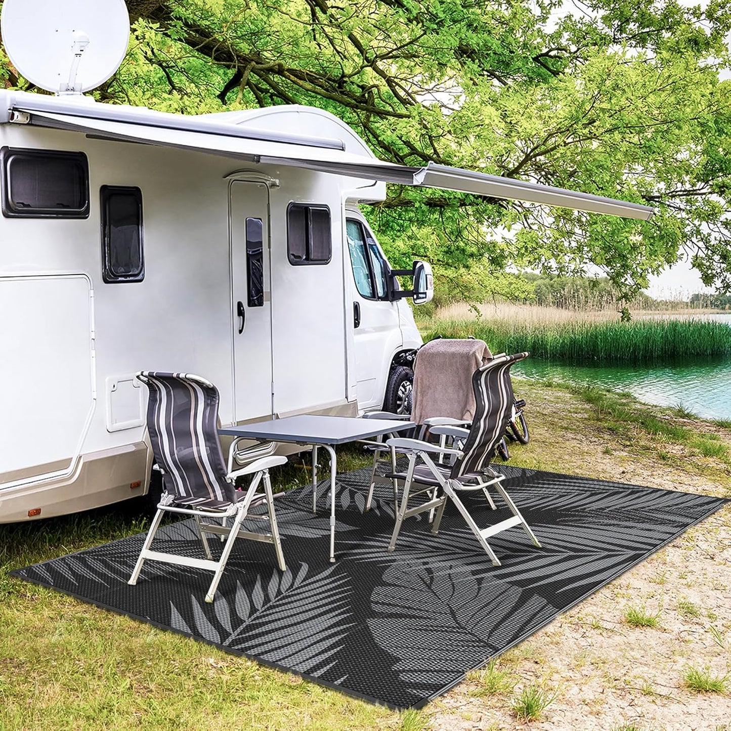 GENIMO Outdoor Rug 6' x 9' Waterproof for Patios Clearance, Reversible Outdoor Plastic Straw Camping Rug Carpet, Large Area Rugs Mats for RV, Camper, Deck, Balcony, Porch, Beach, Picnic, Black&Grey
