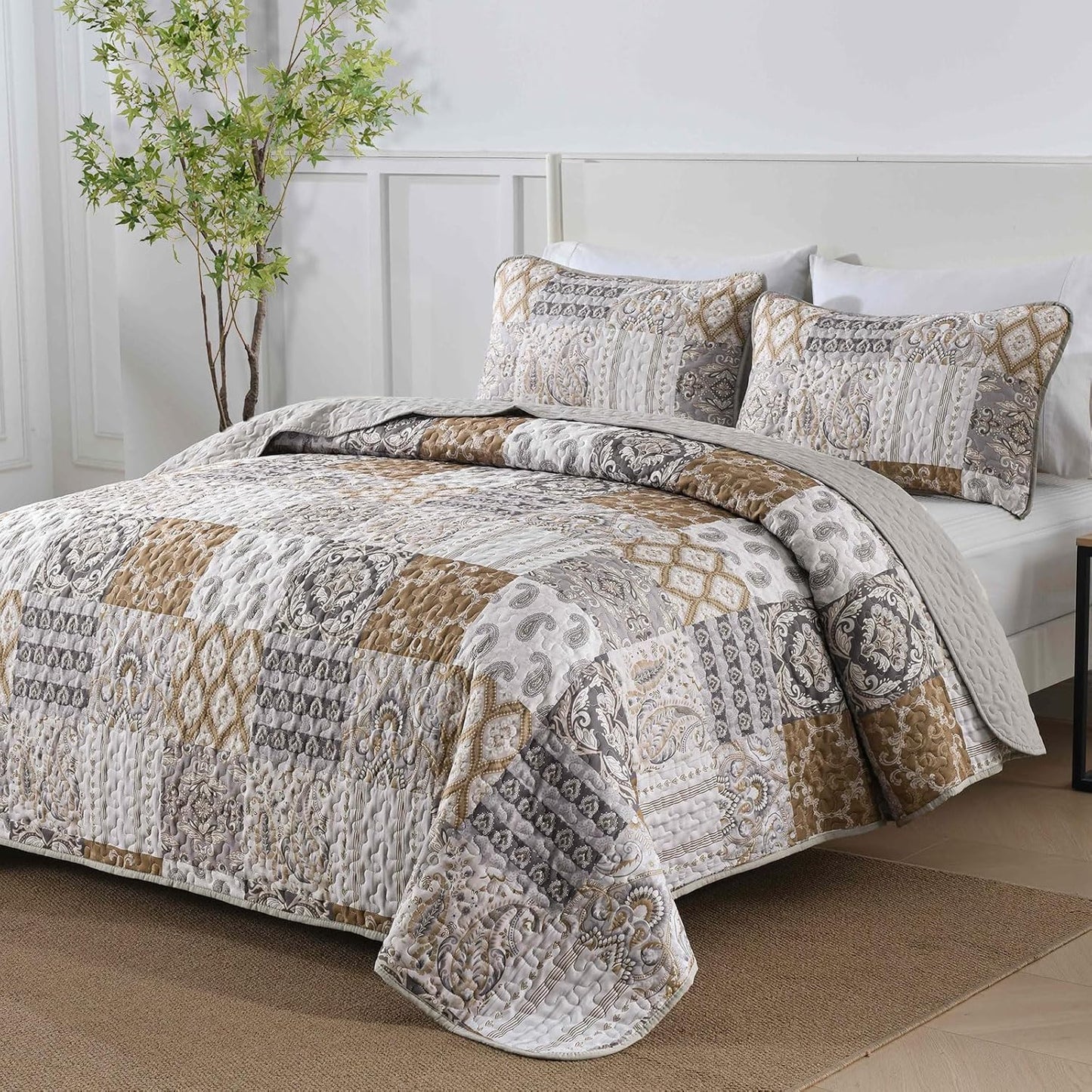 WONGS BEDDING Brown Quilt Set Queen Size, Patchwork Plaid Bedspread Bedding Sets Paisley Soft Microfiber Quilts for Queen Bed 3 Pieces Coverlet Set for All Season (96"x90")