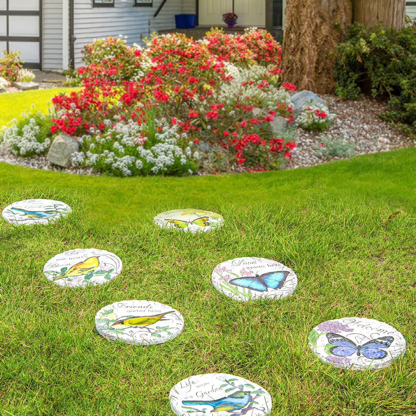 Sungmor 3PC Pretty Garden Stepping Stones, 9.8" Large Concrete Decorative Stones with Beautiful Pattern, Unique Outdoor Lawn Accents, Yard Walkway Flower Bed Wall Shelf Welcome Friends Decorations