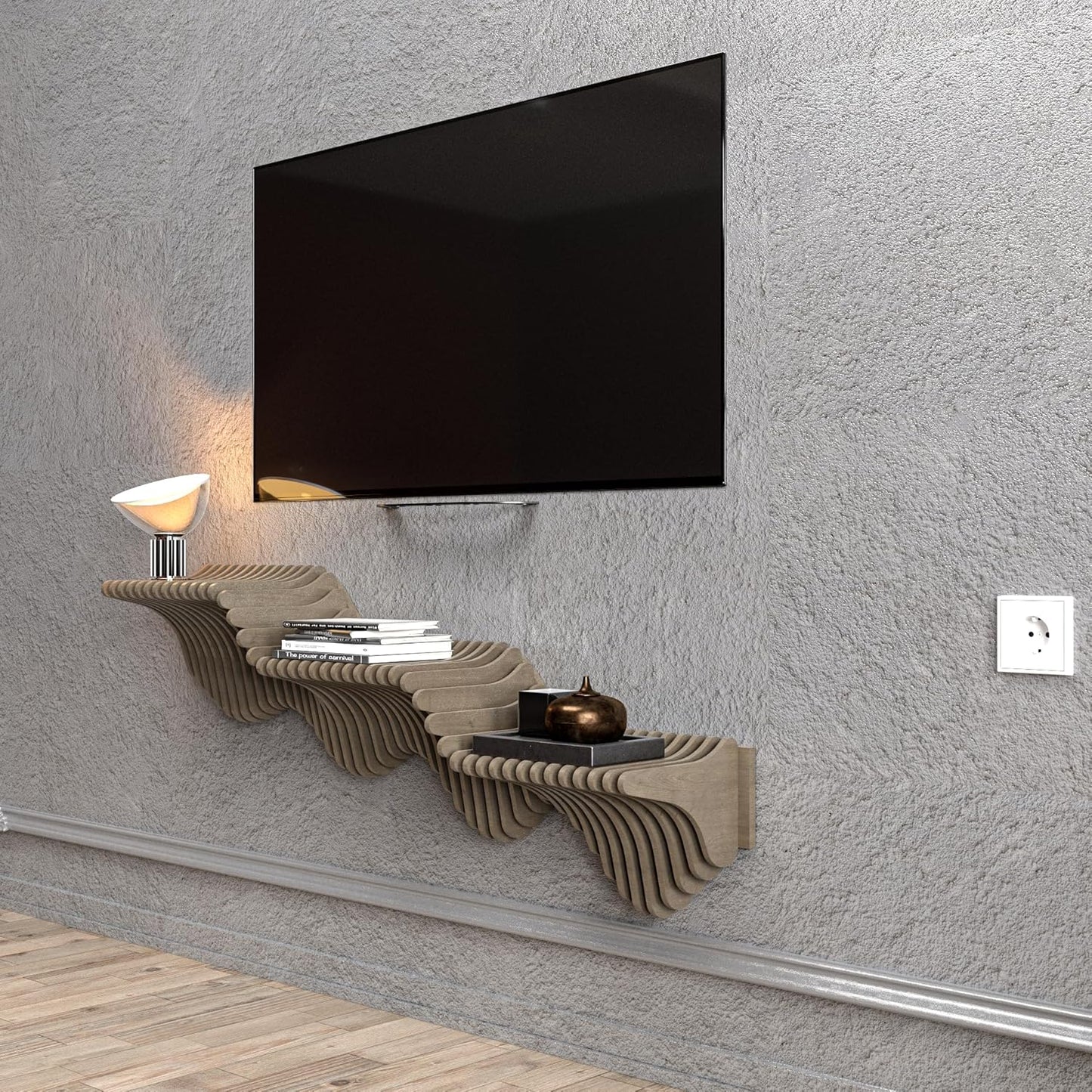Parametric 40 inch Floating Shelf TV Unit Modern Geometric Wooden Wall Piece Decor Natural Oak Color 3D Wavy Living and Gaming Room Shelf