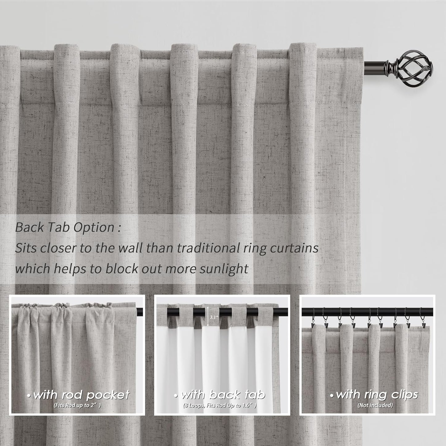 BOODII Room Darkening Curtains Silver Gray Black Out Curtains 96 Inches Long 2 Panel Set Back Tab Neutral Linen Curtain for Sliding Door Modern Farmhouse Living Room Blackout Drapes Soundproof 52x96