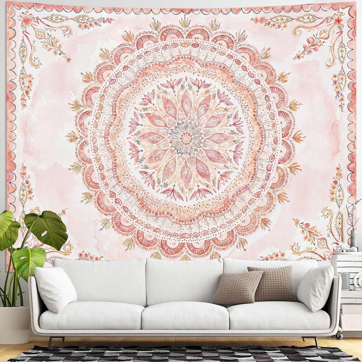Fowocu Boho Floral Mandala Tapestry Wall Hanging Pink Bohemian Flower Medallion Tapestry Aesthetic Watercolor Hippie Indian Extra Large Tapestries for Bedroom Living Room Dorm Decor 90 x 68 Inch