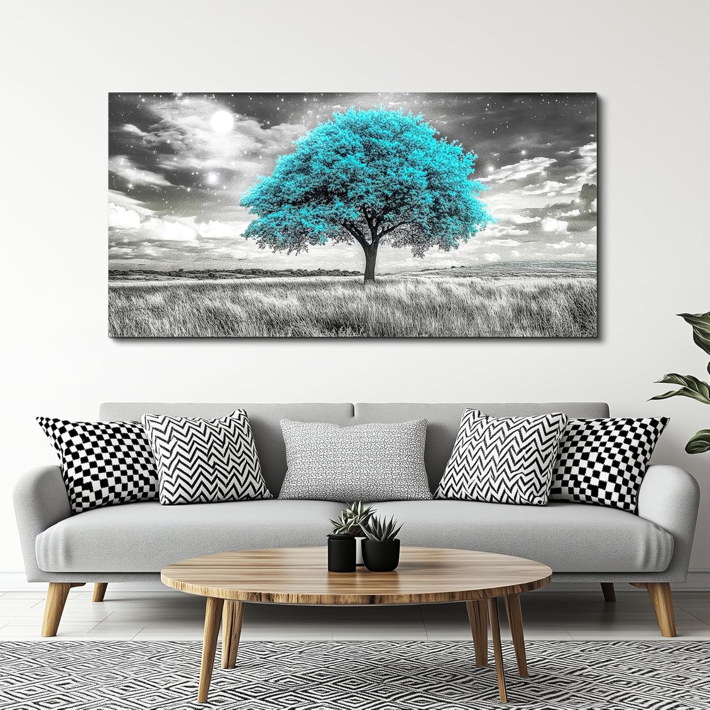 KELIYUAN Large Canvas Wall Art For Living Room Wall Decor For Bedroom Corridor Blue Tree Natural Scenery Full Of Stars Black And White Modern Printing Dining Room Kitchen Home Decoration 30 "X 60"