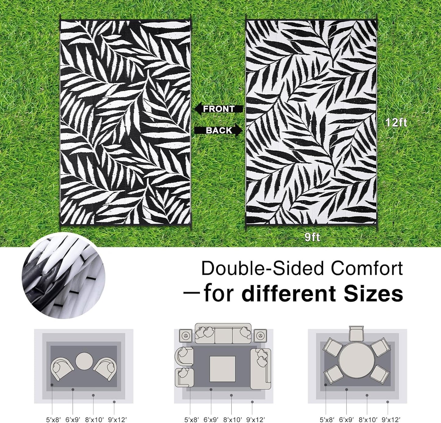 OLANLY Waterproof Outdoor Rug 9x12 ft, Reversible Outdoor Plastic Straw Rug with Leaf Pattern, RV Mat, Indoor Outdoor Carpet for Patio, Camping, Balcony, Deck, Backyard, Black & White