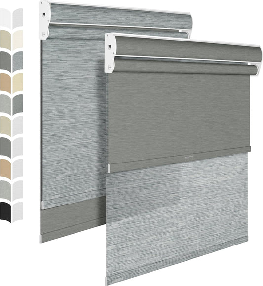 BERISSA Cordless Dual Roller Shades with Cassette Valance, Double Window Shades Blackout and Light Filtering, Day and Night for Home Office Door. Striped Jacquard Grey. 42 W x 36" H