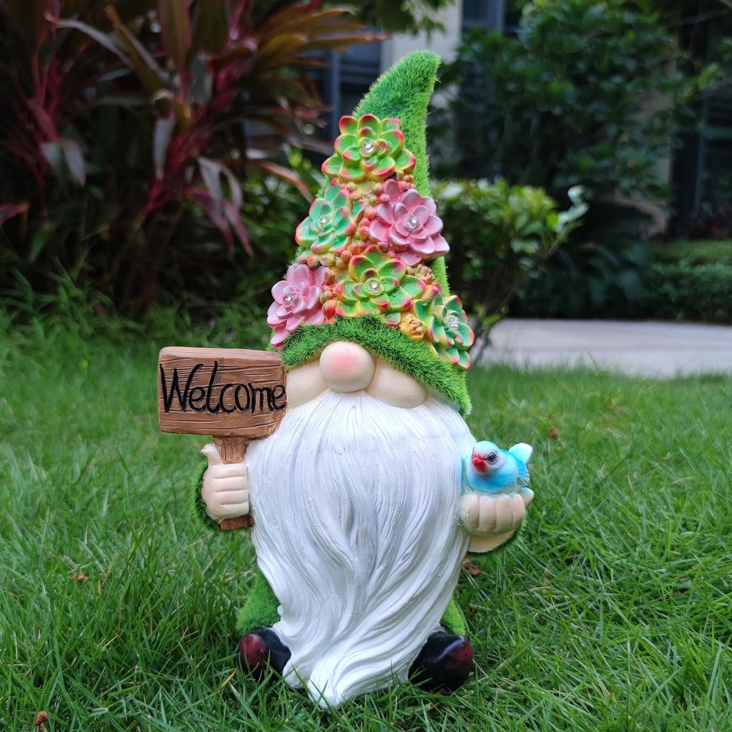 Solar Gnomes Garden Statues,Resin Gnome Figurine Holding Welcome Card and Bird with Solar Lights, Outdoor Gnomes Decorations for Yard Patio Lawn Porch, Garden Gifts
