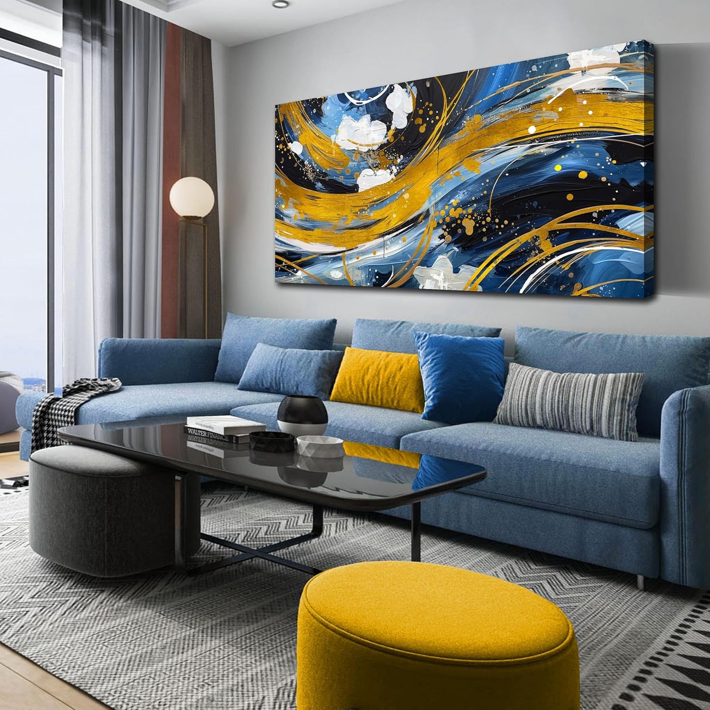 ENTANUB Abstract Canvas Wall Art for Living Room, Gold and Blue Wall Decor for Bedroom, Print Paintings Artwork, Size 29x59 Inches