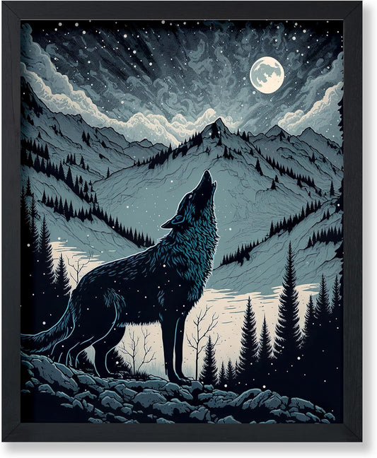 Poster Master Vintage Illustration Poster - Retro Animal Print - Gift for Artist, Friend - Wolf Howling at the Moon, Mountain, Snow, Landscape - Wall Decor for Home, Office, 24x32 Unframed Wall Art