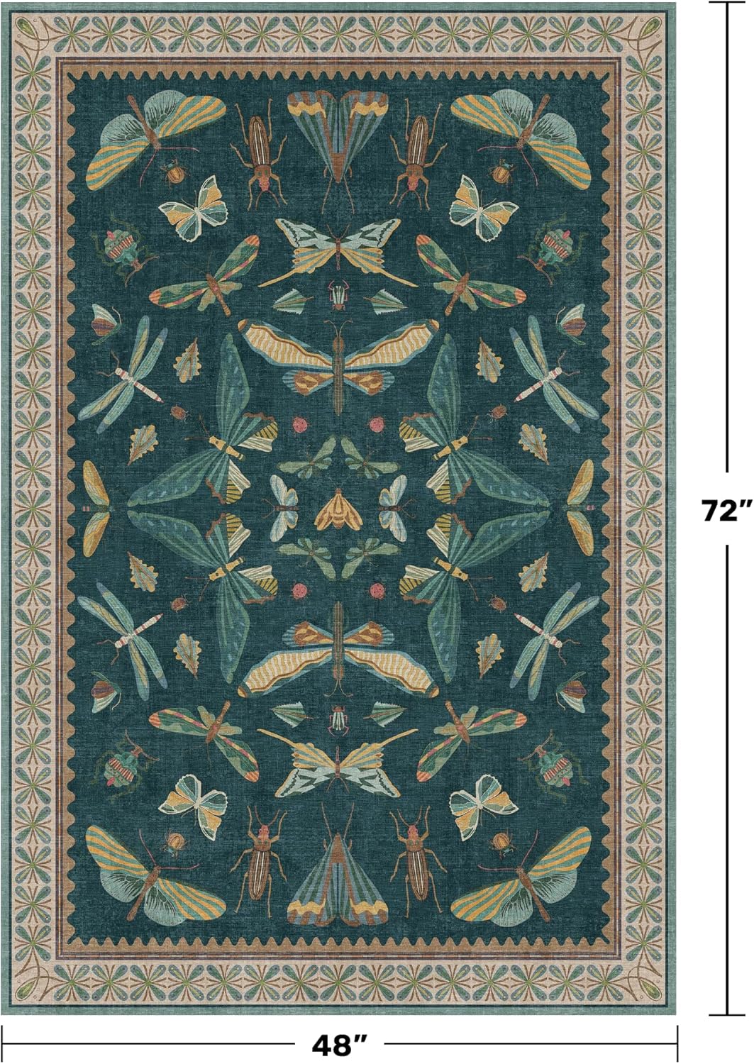Dark Teal 4x6 Area Rugs for Door Mat Entrance - Vintage Floor Rug for Entryway, Mudroom Kitchen, Floral Forest Insect Print, Washable Low Pile Non-Slip Stain Resistant