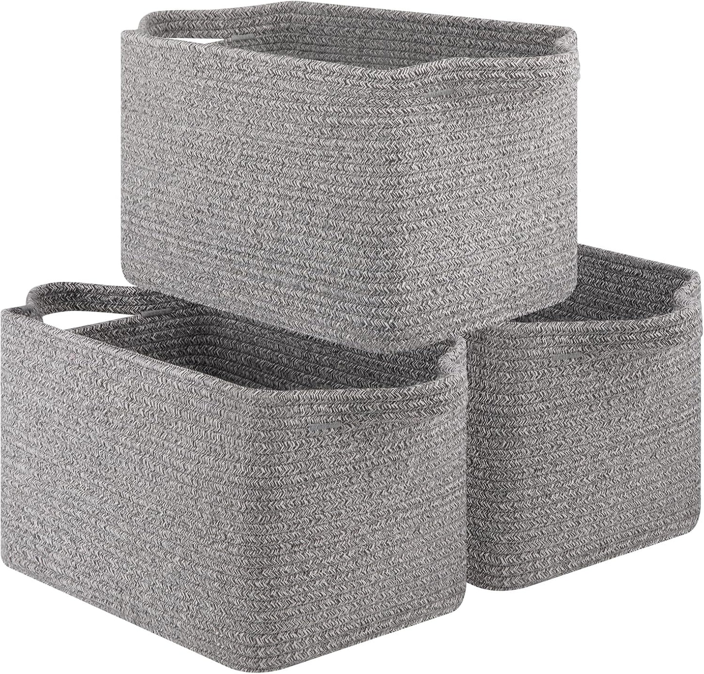 OIAHOMY Storage Basket, Woven Baskets for Storage, Cotton Rope Basket for toys,Towel Baskets for Bathroom - Pack of 3, Light Grey