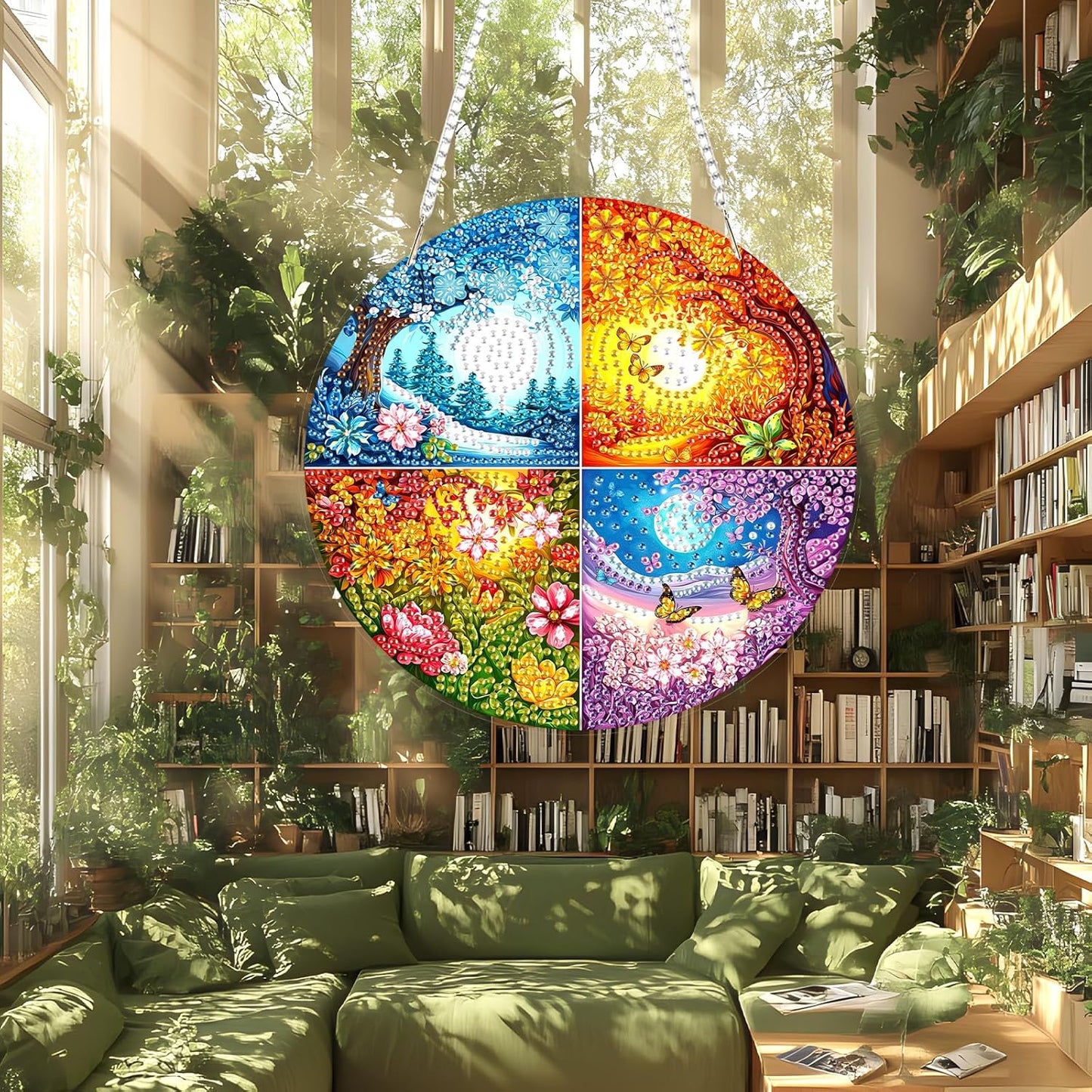 Lxmsja DIY Four Seasons Diamond Painting Hanging Ornament, Double-Sided Acrylic Landscape Diamond Art Kit, Special Shaped Drill Pendant Window Art Kit, Suncatcher Hanging Craft Decoration 8x8 inch