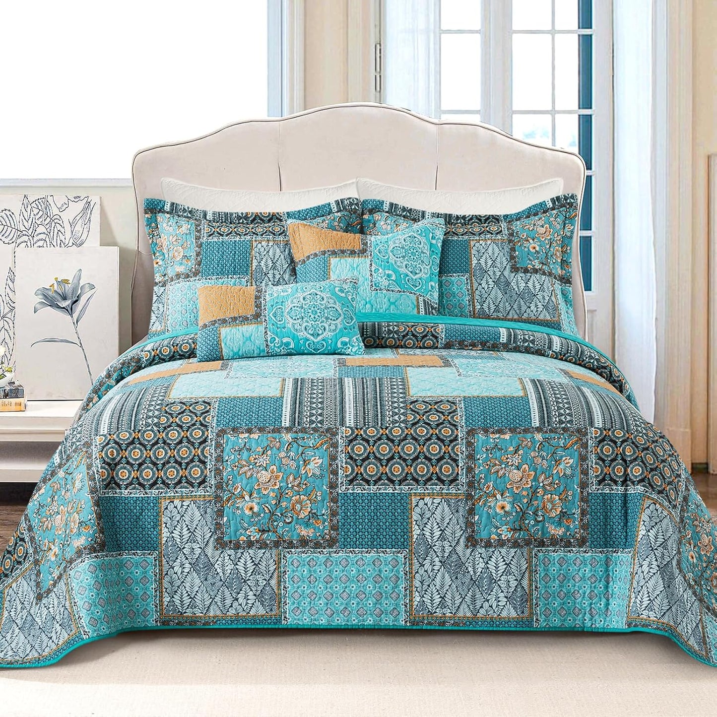 VAPUTAR Cotton Quilt Twin Size Bedding Set - 2 Pieces, Farmhouse Twin Size Quilts, Lightweight Reversible Coverlets Bedspreads for All Season (Teal/Green Chic)