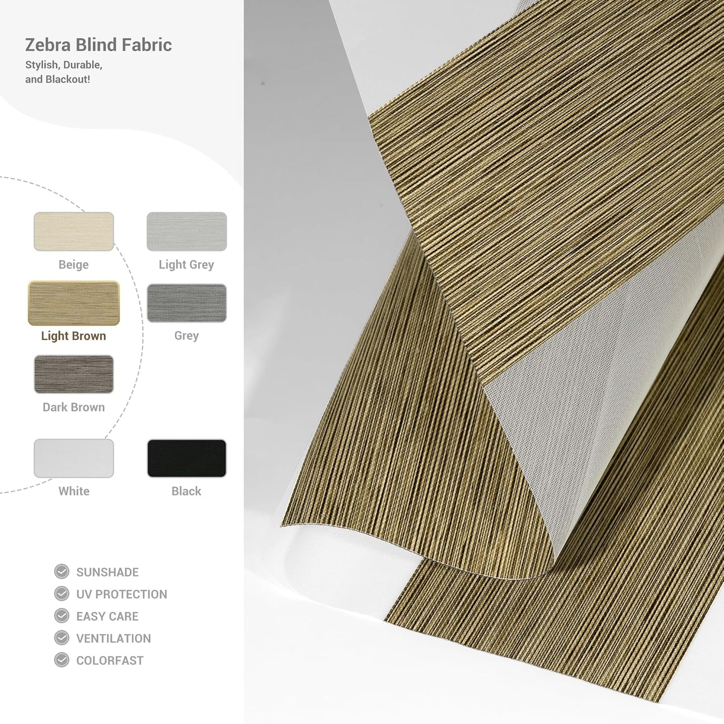 Cordless Zebra Blinds for Windows, Blackout Interior Blinds,Easy to Install,UV Protection,for Offices and Home,Custom Roller Shades, Mousse Light Bown,51" W x 48" H