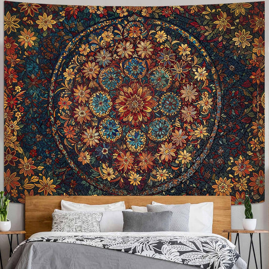 Fowocu Boho Floral Mandala Tapestry Wall Hanging Vintage Bohemian Flower Medallion Tapestry Aesthetic Orange Stained Glass Hippie Extra Large Tapestries for Bedroom Living Room Dorm Decor 90 x 68 Inch